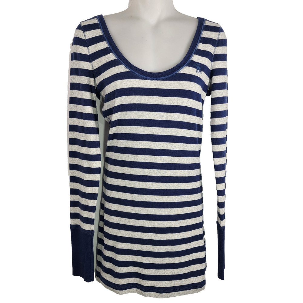 Abercrombie and Fitch Womens Top Blue Gray Striped Scoop Long Sleeve L Moose